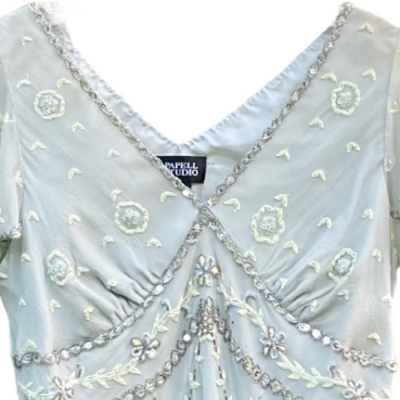 Adrianna Papell Silk Sequined Dressy Top.  Pale Green, Lined Size Large - Picture 3 of 15